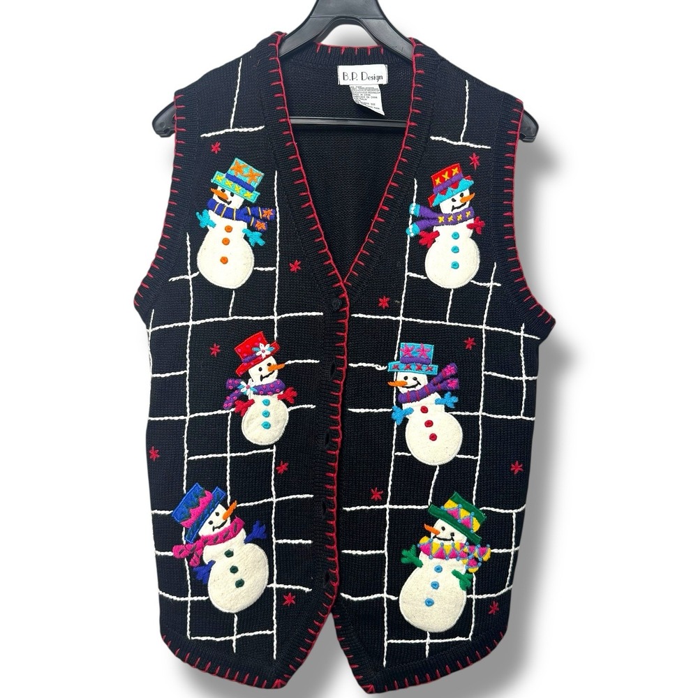 B.P. DESIGN BLACK UGLY CHRISTMAS‎ WOMEN'S SWEATER VEST SNOWMEN LADIES M